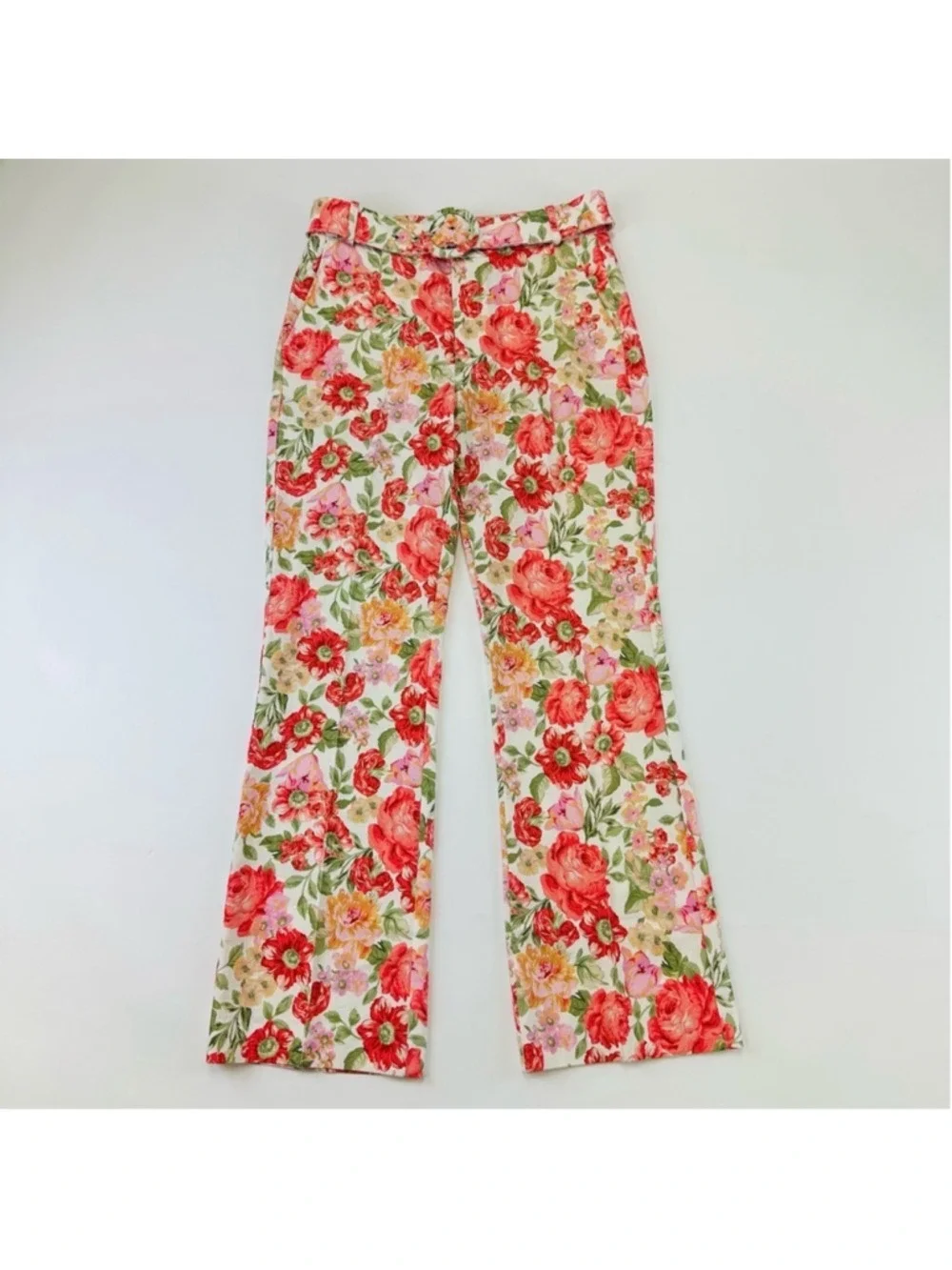 Mango linen cotton floral straight leg pant Size 4 belted Cottagecore Feminine